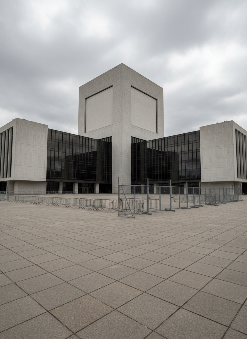 A towering, austere government complex constructed from pale concrete and dark glass, its sharp geometric lines converging toward a central, windowless block that suggests secrecy and control. The building dominates a nearly empty civic square paved with muted stone, scattered with metal barriers and closed gates. Overhead, a heavy overcast sky creates diffused, colorless light that flattens the scene and casts soft, ominous shadows along the facade. Photographic realism, shot from a slightly low angle to emphasize the structure’s imposing scale, with deep focus capturing every architectural detail. The mood is serious, tense, and analytical, evoking themes of institutional power and the hidden architecture behind political decisions, suitable for long-form political analysis.